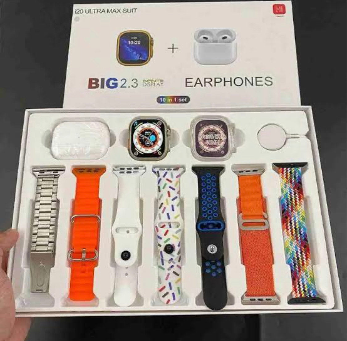 I20 Ultra Max suit Smart Watch 10 in 1 box 2.3inch large screen with 7 strips smartwatch With Earbuds